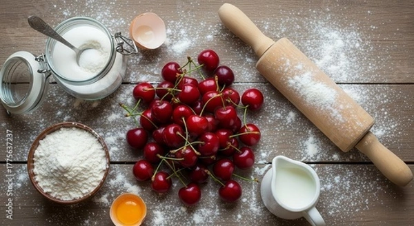 Fototapeta Fresh Cherries Baking Ingredients Arranged on Wooden Surface for Dessert Creations