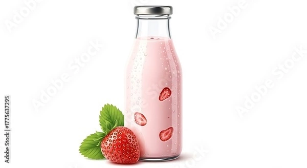 Fototapeta Pink strawberry milkshake in a glass bottle with fresh berries and mint isolated on transparent background