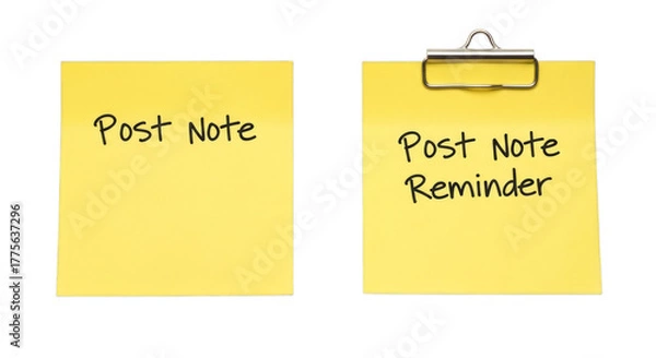 Obraz Two yellow sticky notes with reminder for office and planning on transparent background