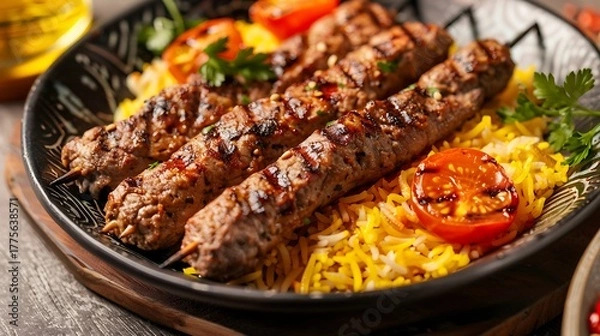 Obraz Close up of grilled kebab skewers with rice and grilled tomatoes on a decorative black plate