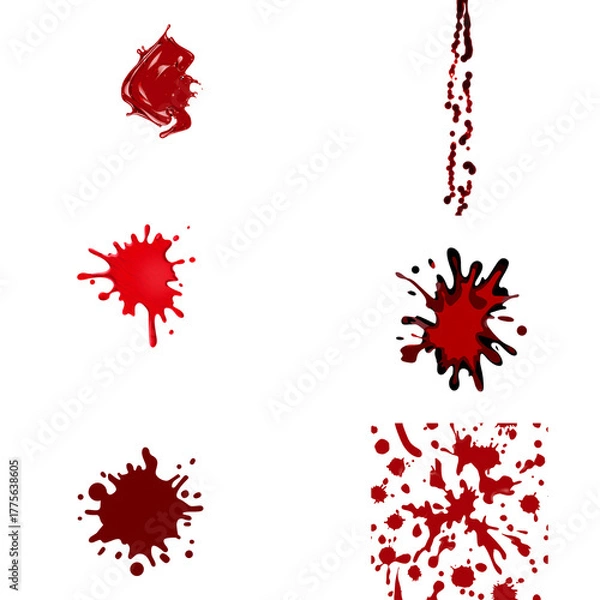 Fototapeta Assorted blood splatters and drips isolated on transparent background