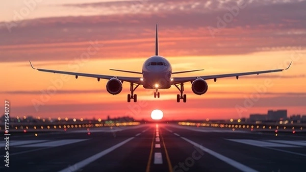 Fototapeta Airplane Landing on Runway at Sunset with City Lights in Background aircraft