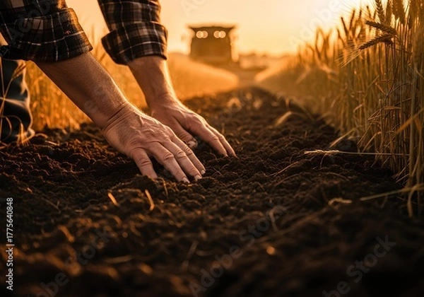 Fototapeta A deeply evocative and warm photograph or digital painting capturing the hands of a farmer tending to the soil at sunset