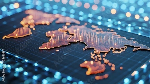 Fototapeta Digital World Map with Glowing Orange Lines and Blue Bokeh Lights technology global