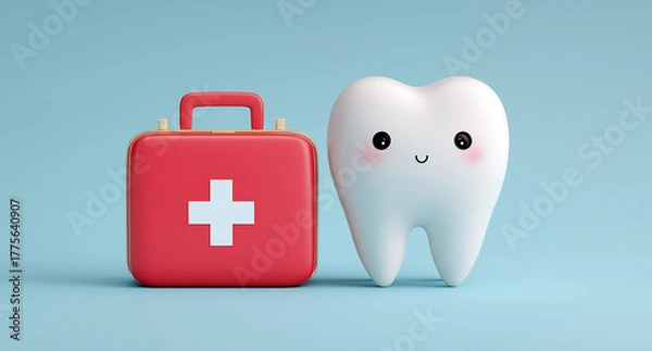 Obraz Cute cartoon tooth with smiling face next to red first aid kit on blue background dental medical