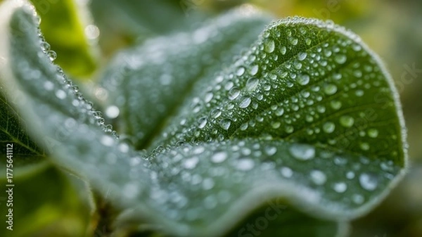 Fototapeta Macro photograph of green leaf with numerous tiny water droplets in soft morning light water drops