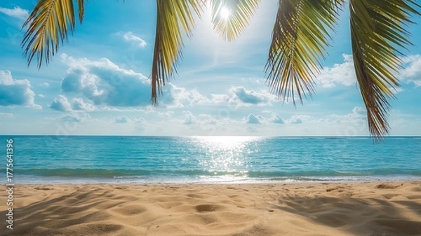 Fototapeta Tropical Beach Paradise with Palm Leaves and Sunlit Ocean Waves image photo