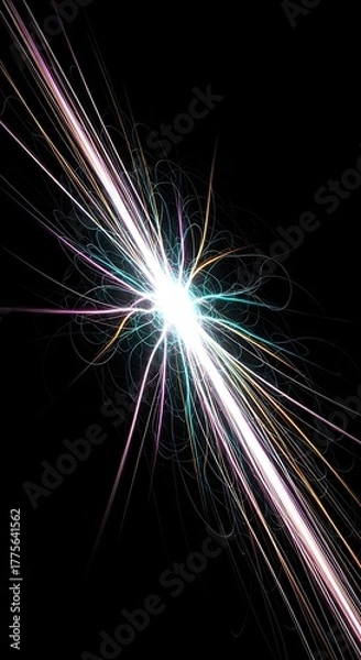 Fototapeta Explosion of vibrant energy and light streaks on black background