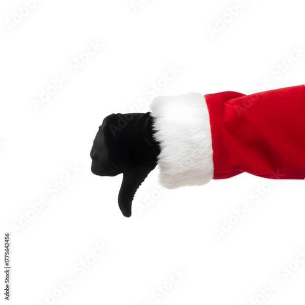 Fototapeta A black gloved hand in a red Santa Claus sleeve gives a thumbs down gesture. The background is transparent, emphasizing the isolated hand.