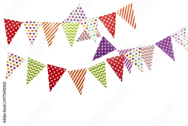Obraz A carnival garland with multicolored flags on a white background. Decorative colorful pennants for birthday and New Year's celebrations.