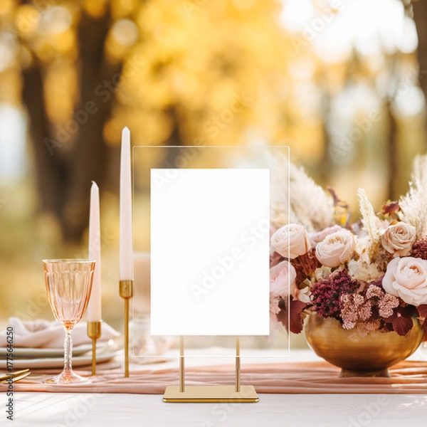 Fototapeta Acrylic table sign mockup on a table decorated with autumn-inspired florals, taper candles, and soft tableware - ideal for seasonal event branding