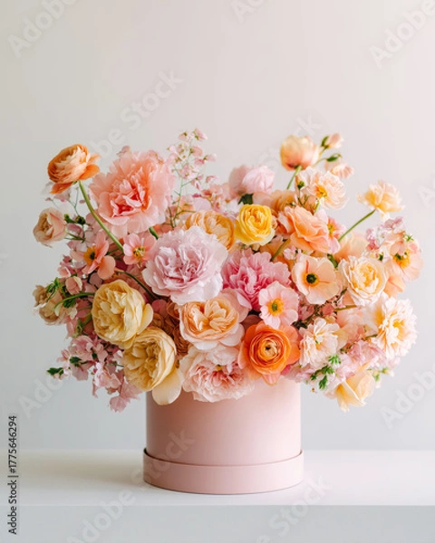 Fototapeta Whimsical arrangement of blush pink and yellow flowers in a pastel round box