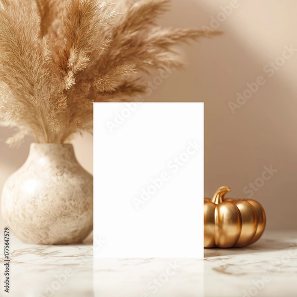 Fototapeta Blank card mockup styled with a golden pumpkin and pampas grass - perfect for autumn seasonal branding