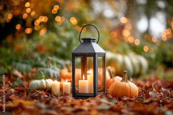 Fototapeta Black lantern with glowing candles surrounded by pumpkins and autumn leaves