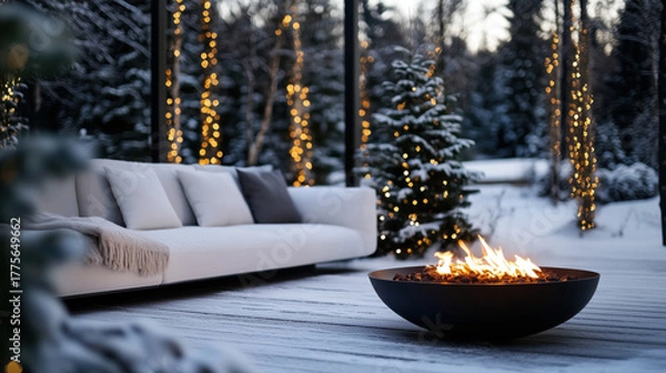 Fototapeta Cozy modern patio with white sofa, fire pit, and snow-covered trees with warm holiday string lights