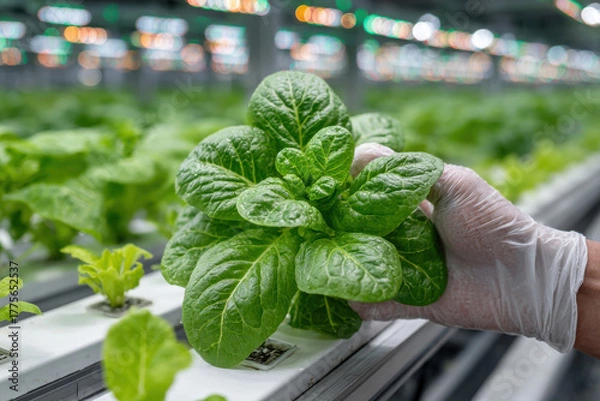 Fototapeta A farmer's gloved hand carefully inspects vibrant green lettuce plants in a greenhouse.