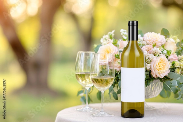 Fototapeta White wine bottle  with blank mockup label and two glasses on a table with pastel flower arrangement with area for text or design