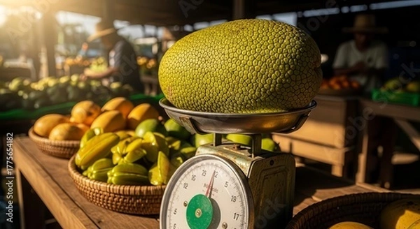 Fototapeta Fresh Jackfruit Weighing On Vintage Scale At A Farmers' Market Displaying Fruits
