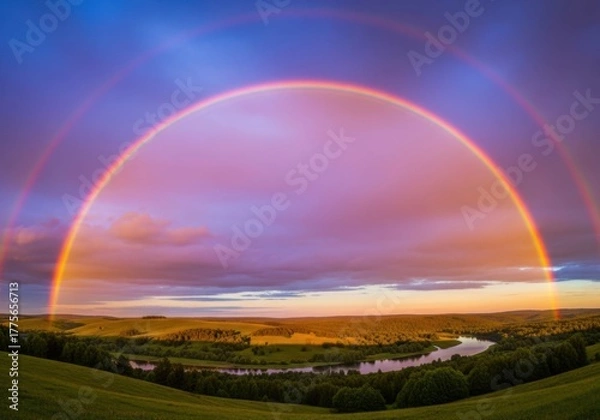 Fototapeta Rainbow over landscape during sunset with dramatic sky