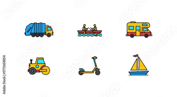 Fototapeta Collection of diverse transportation and vehicle icons representing travel and movement