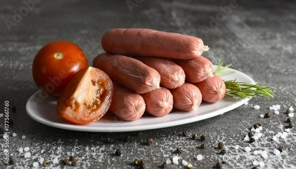 Fototapeta Eight pork and tomato sausages.