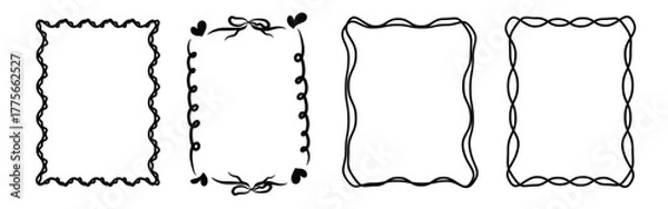 Fototapeta Set of hand drawn doodle frames with curly and ribbon elements in black outline on white background. Concept of decorative border design, whimsical frame template and creative vintage ornament.