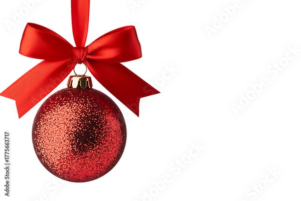 Fototapeta Shiny red christmas ornament with bow isolated on transparent background for decoration