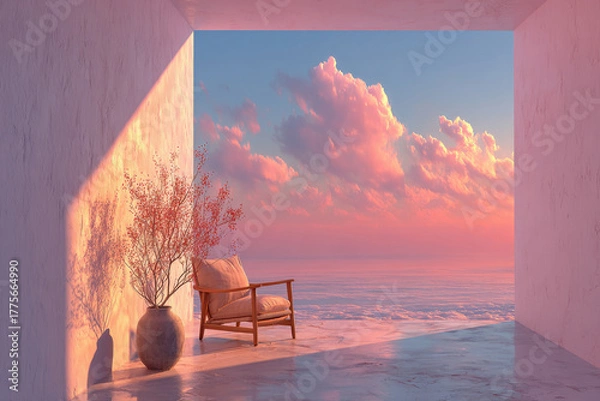 Fototapeta A comfortable chair on a marble floor overlooking cloudy pink skies.