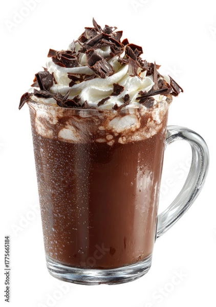 Fototapeta Rich, decadent hot chocolate in a clear glass mug.  Whipped cream and chocolate shavings atop