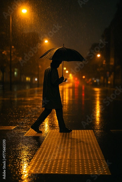 Obraz Person walking with umbrella across wet street at night under rain. Urban loneliness, autumn mood and city lights