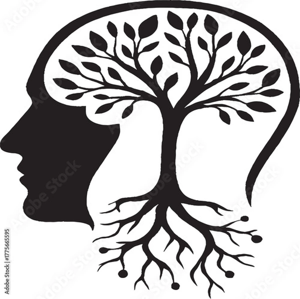 Fototapeta Silhouette of a human head in profile containing a tree with branching roots and leafy canopy, symbolizing intellectual growth, mental development, and the organic nature of thought in a striking blac