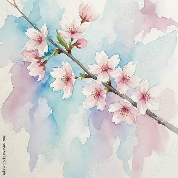Fototapeta Delicate watercolor painting of cherry blossom branch with soft pink petals on blue and mauve abstract background.