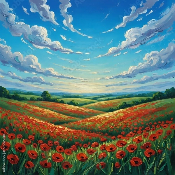 Fototapeta Vibrant oil painting of rolling green hills with red poppies under blue sky, impressionistic style, thick texture.