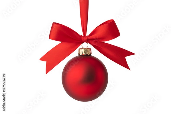 Fototapeta Red christmas ball with ribbon isolated on transparent background for decoration