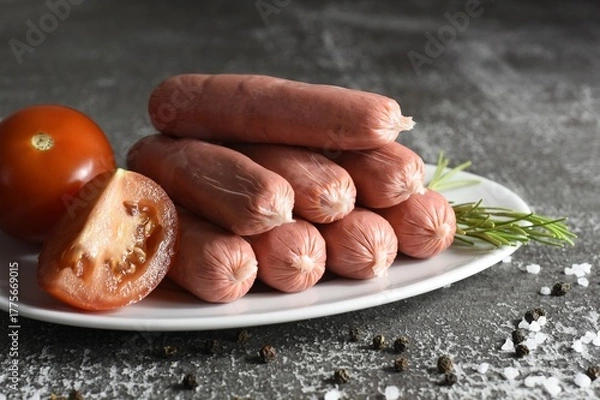 Fototapeta Eight pork and tomato sausages.