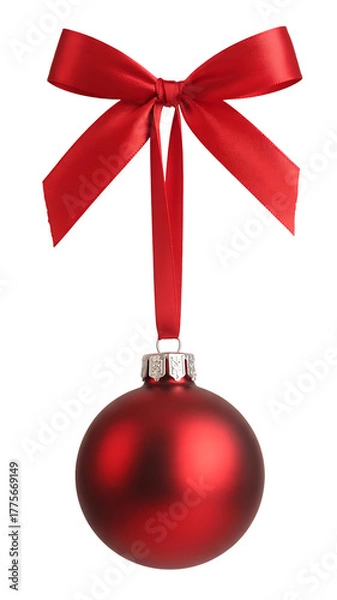 Fototapeta Red christmas ball ornament with bow hanging isolated on transparent background