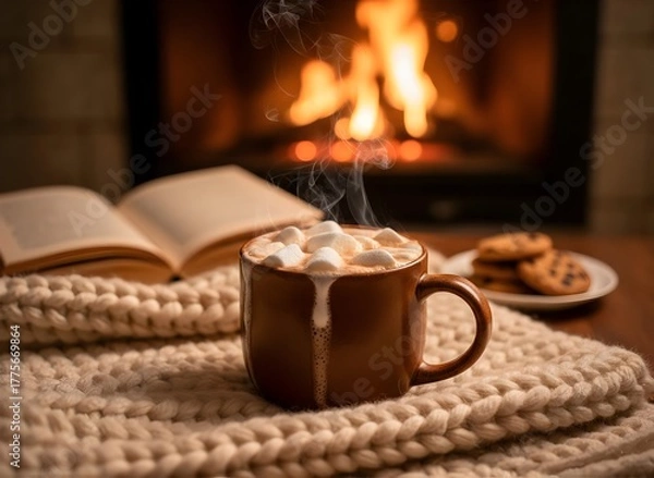 Obraz Cozy Winter Evening Hot Chocolate with Marshmallows and Cookies sided by a Open Book by the Fireplace