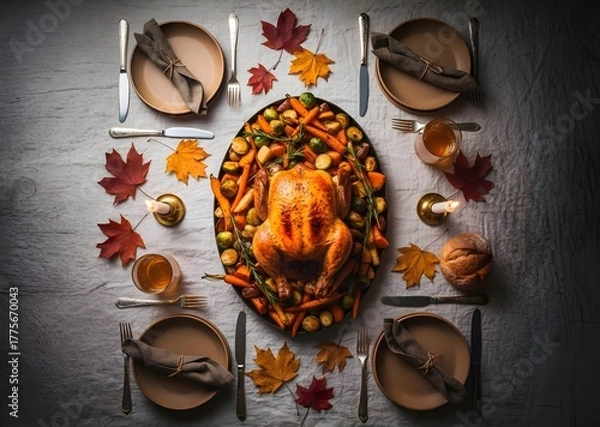 Obraz Thanksgiving Dinner Table with Roasted Turkey and Autumn Decor