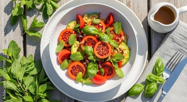 Fototapeta Fresh Salad With Tomatoes Avocado and Herbs Showing A Healthy Culinary Concept