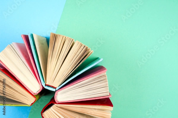Fototapeta Top view of bright colorful hardback books in a circle.