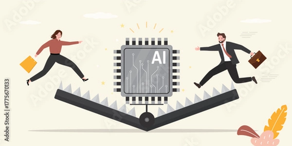 Fototapeta Caught in technologies trap. AI chip in animal trap. Business man and woman catching neural network or AI chat bot. Technology bait, customers want innovations,