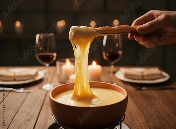 Obraz Romantic Cheese Fondue Dinner with Wine and Candlelight