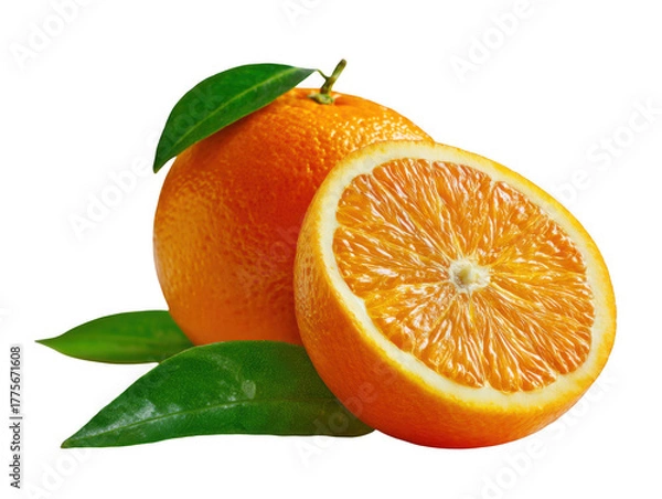 Obraz Fresh orange fruit with leaves isolated on transparent background