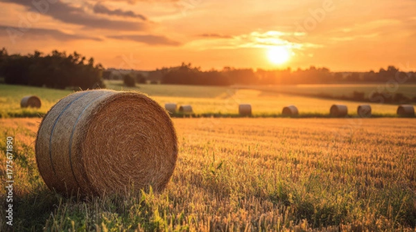 Fototapeta Sun setting behind rolling farm fields, hay bales, crickets chirping in grass, long shadows, timeless harvest mood
