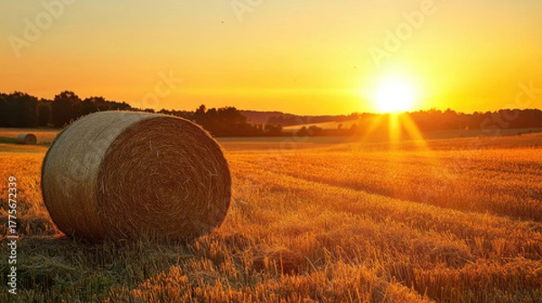 Fototapeta Sun setting behind rolling farm fields, hay bales, crickets chirping in grass, long shadows, timeless harvest mood