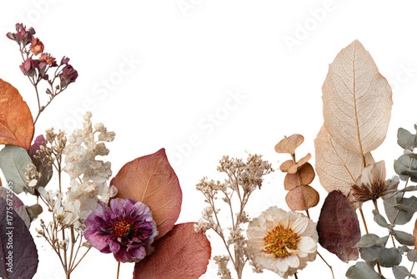 Obraz Dried botanicals arranged in a horizontal row against a black background.  Various shades of muted  brown, beige,  and pink flowers and leaves.  Close-up view of delicate textures