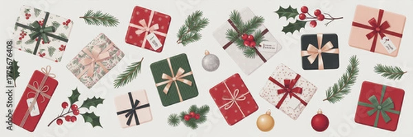 Fototapeta Merry christmas and happy new year element vector. Collection drawing of holly berry plant, flower, gift, christmas bauble ball, pine leaves. Design suitable for banner, invitation, decoration.