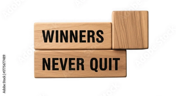 Fototapeta Wooden blocks spell out winners never quit motivational message