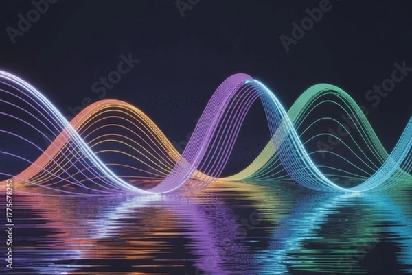 Fototapeta Colorful light waves reflecting on water surface at night create a mesmerizing visual effect