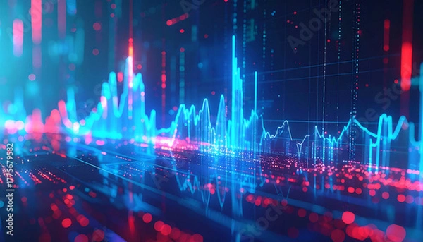 Fototapeta Visual Data Symphony: An abstract representation of financial data analysis, with vibrant, glowing lines and curves symbolizing market fluctuations and economic trends.